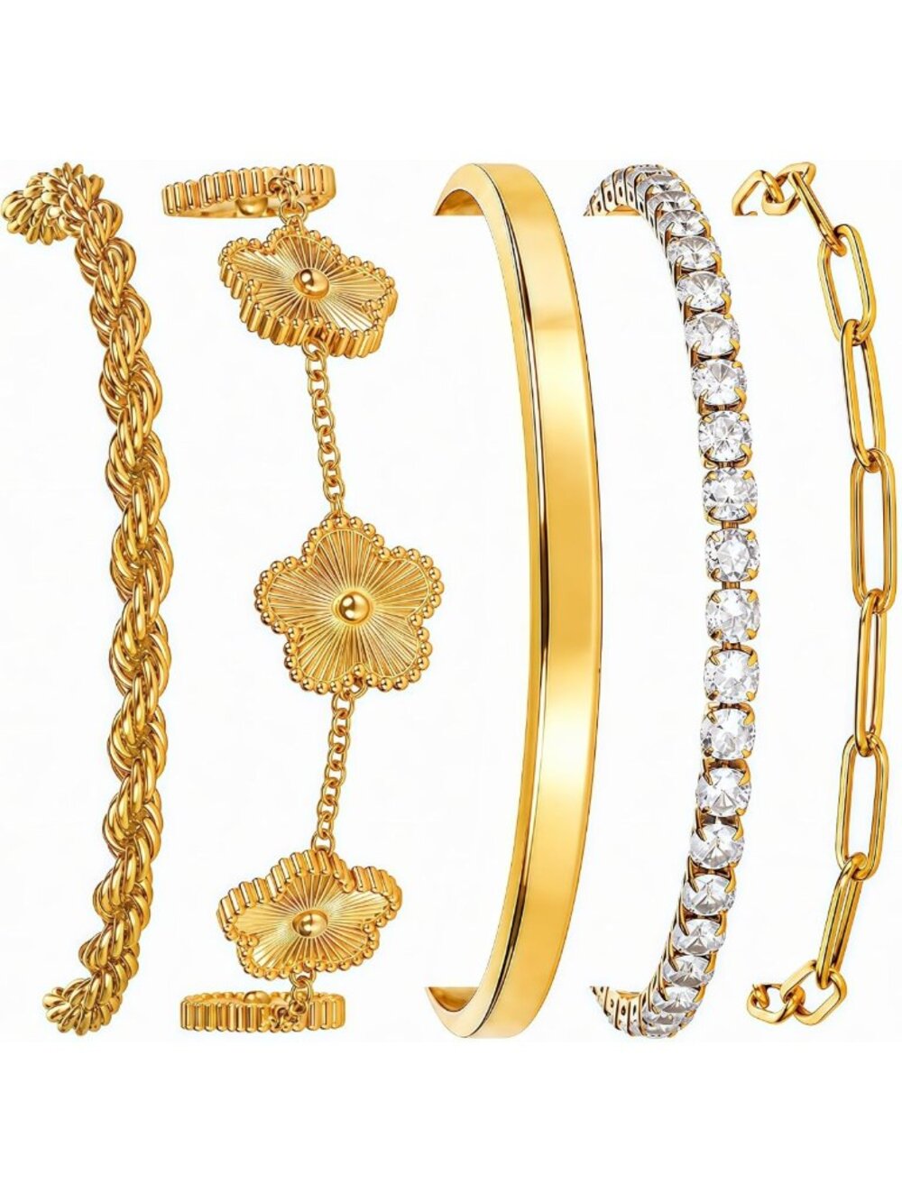 5-Pc Gold Bracelet Set for Women - Waterproof, Non-Tarnish, Trendy Stackable